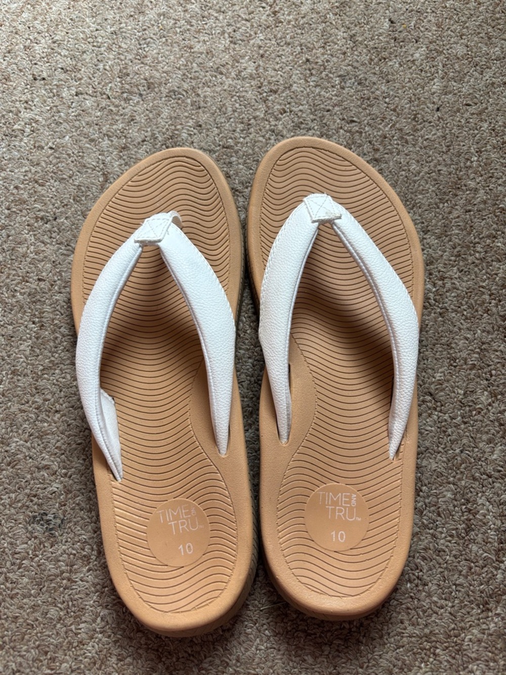 Time and Tru White Strap Tan Footbed Flip Flop Sandals